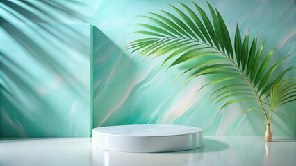 Fototapeta premium Serene Minimalist Product Display with Palm Frond and Subtle Lighting