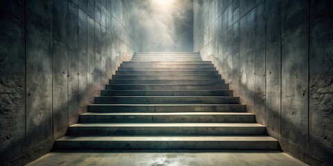 Fototapeta premium Concrete Staircase Ascending to a Light Source in a Smoky, Industrial Setting