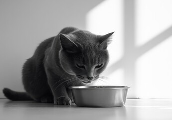 Grey Cat Eating from Metal Bowl in Soft Natural Light with Shadows Casting on Light Floor