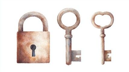 Vintage Elegant Watercolor Lock and Key Set in Soft Earthy Tones