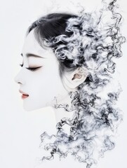 Fototapeta premium Serene Smoke Portrait - A woman's profile is artfully blended with swirling smoke, symbolizing mystery, tranquility, transformation, ephemerality, and inner peace.