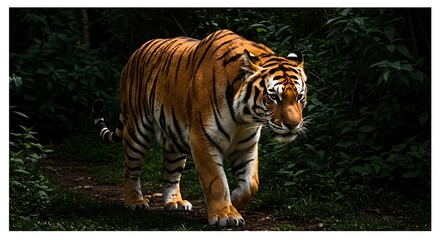 Majestic Tiger Strolling Through Lush Green Forest: Dramatic Wildlife Photography