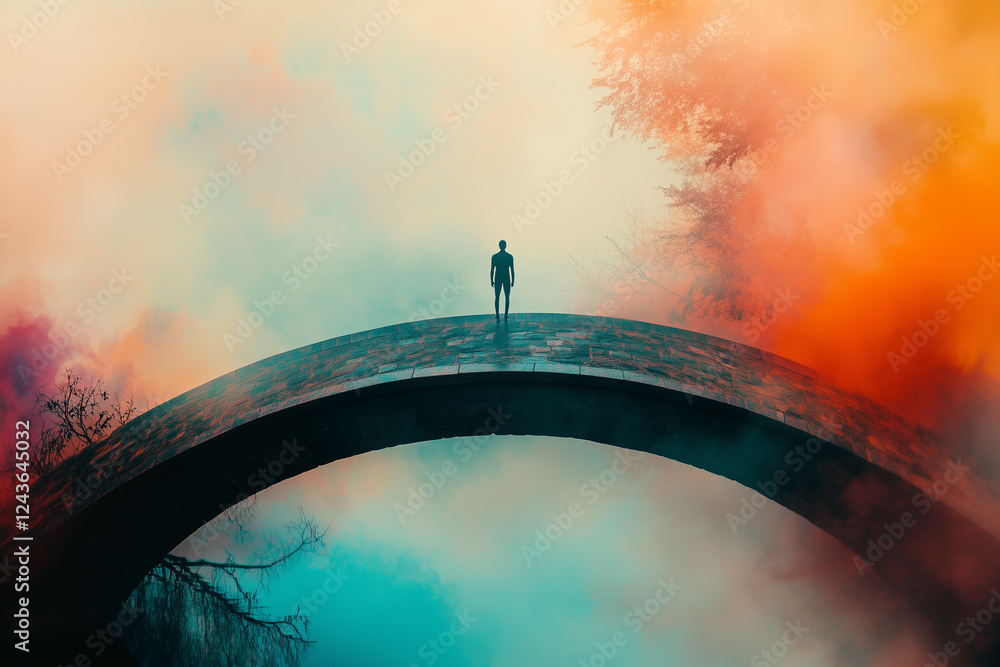 Poster lone figure standing on the edge of a bridge captured in a misty setting during a colorful sunrise