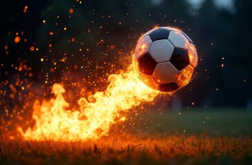 Fototapeta premium Soccer ball engulfed in flames soaring through the air, creating a dramatic and high-energy sports action scene