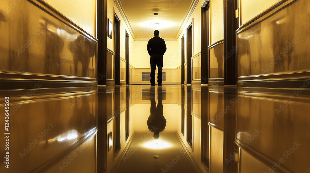 Aufkleber mans silhouette stands alone in an empty illuminated hallway reflecting warmth and solitude during e