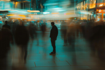 Man stands still in a busy street filled with rushing pedestrians and colorful lights during the evening in an urban setting