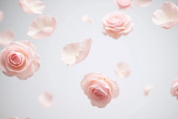 pale pink rose petals suspended white to light gray background