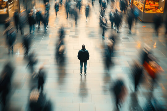 Man stands still in the midst of bustling crowd in a busy urban street during evening hours