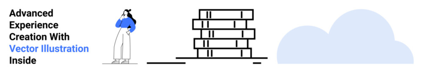 Woman with blue scarf next to book stack and cloud. Ideal for education, creativity, technology, innovation, planning, strategy, learning. Perfect flat landing page banner