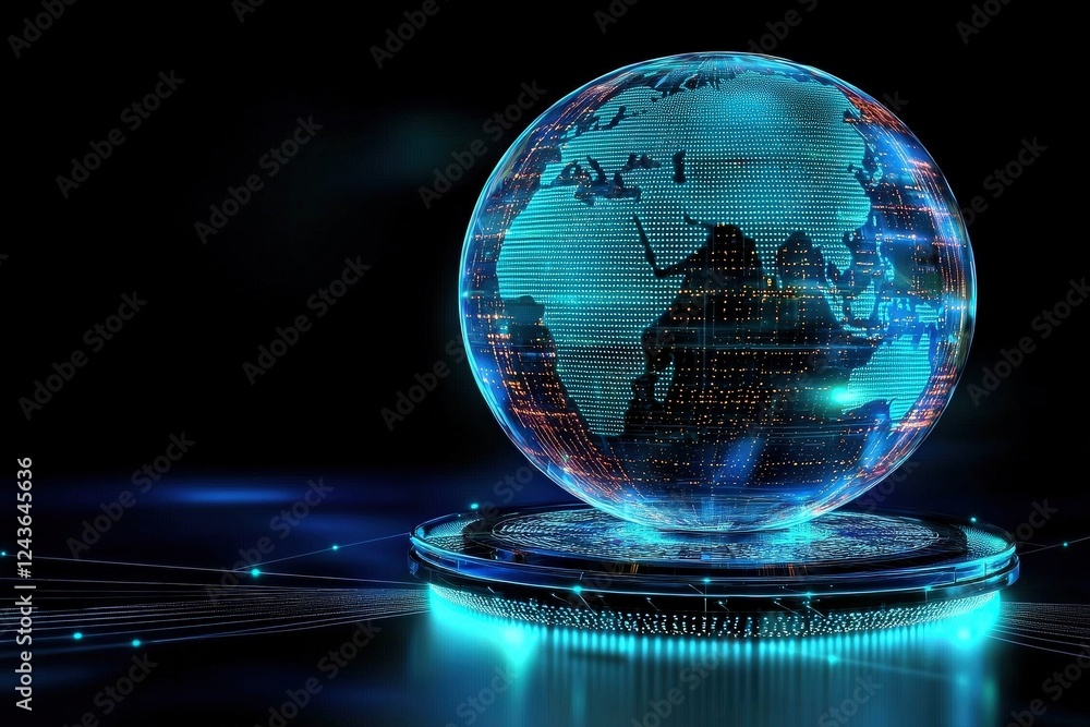 Poster global network infrastructure visualized through holographic globe