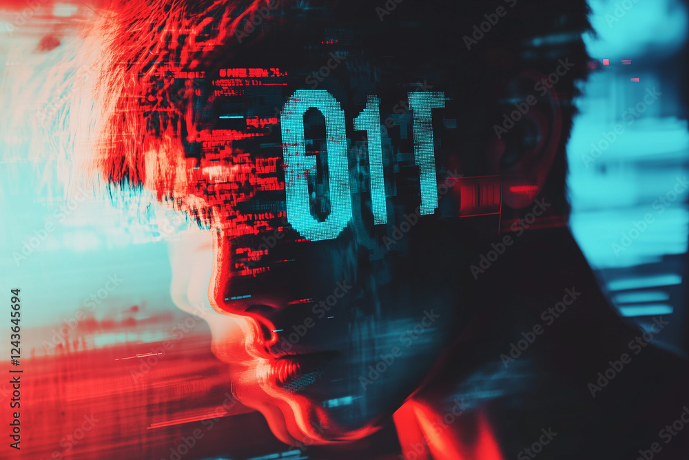 Poster person intently observing digital clock at night in a low-lit room while bright colors create a stri