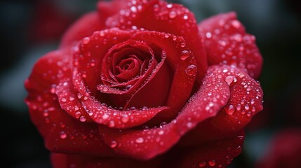 A close-up of a single red rose with velvety petals covered in delicate water droplets, symbolizing deep love and passion, set against a soft blurred background