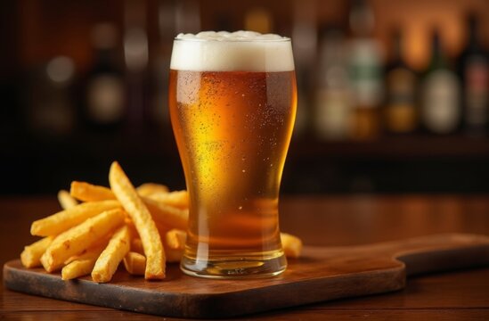 Chilled pint of golden beer with frothy foam served with crispy French fries on a wooden table, set against a warm bar background