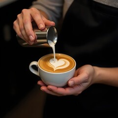 Barista Creating Perfect Latte Art, Professional Coffee Photography, Barista Pouring a Heart into Cappuccino, Close-Up of a Heart-Shaped Latte Art.