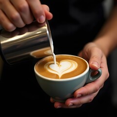 Barista Creating Perfect Latte Art, Professional Coffee Photography, Barista Pouring a Heart into Cappuccino, Close-Up of a Heart-Shaped Latte Art.