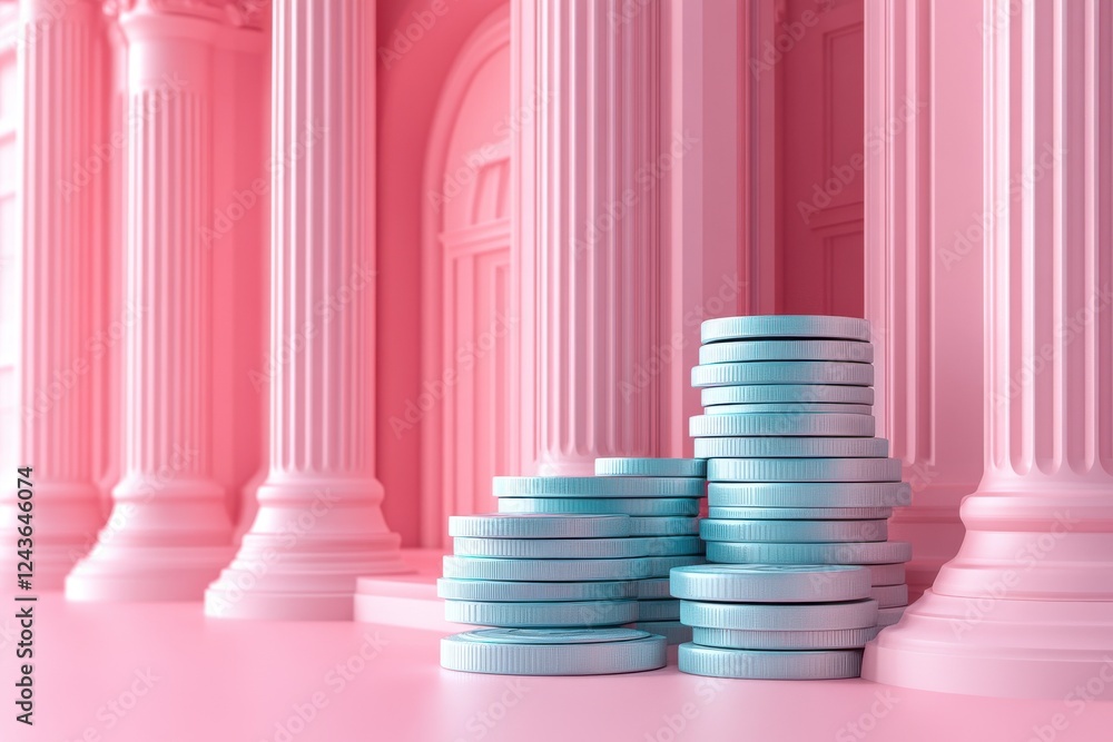 Poster a whimsical scene featuring stacked coins in front of classical pink columns, creating an imaginativ
