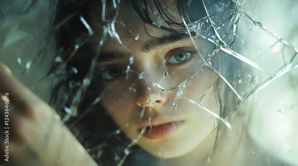Poster reflection captured in a broken mirror showing an expression of vulnerability and introspection in a