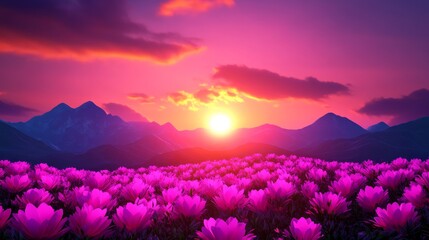 Serene Sunset Over Flower Field - Vibrant sunset paints the sky with warm hues as a field of purple flowers stretches towards majestic mountains. Peaceful and idyllic landscape.
