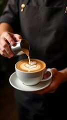 Barista Creating Perfect Latte Art, Professional Coffee Photography, Barista Pouring a Heart into Cappuccino, Close-Up of a Heart-Shaped Latte Art.