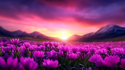 Fototapeta premium Serene Sunset Over Purple Flower Field - Vibrant purple flowers bloom across a vast field at sunset, with majestic mountains in the background. A picturesque scene of nature's beauty.