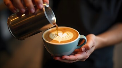 Barista Creating Perfect Latte Art, Professional Coffee Photography, Barista Pouring a Heart into Cappuccino, Close-Up of a Heart-Shaped Latte Art.