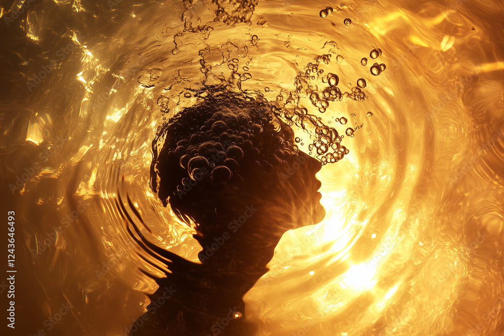 Poster silhouette of a person submerged in shimmering water at sunset surrounded by floating bubbles