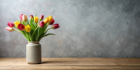 A vibrant bouquet of tulips in a vase on a wooden table against a textured wall.