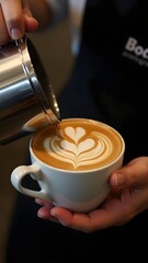Barista Creating Perfect Latte Art, Professional Coffee Photography, Barista Pouring a Heart into Cappuccino, Close-Up of a Heart-Shaped Latte Art.