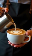 Barista Creating Perfect Latte Art, Professional Coffee Photography, Barista Pouring a Heart into Cappuccino, Close-Up of a Heart-Shaped Latte Art.