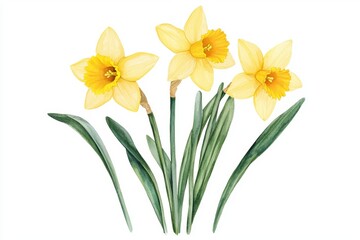 Bright Yellow Daffodils with Green Stems in Watercolor Style Artwork