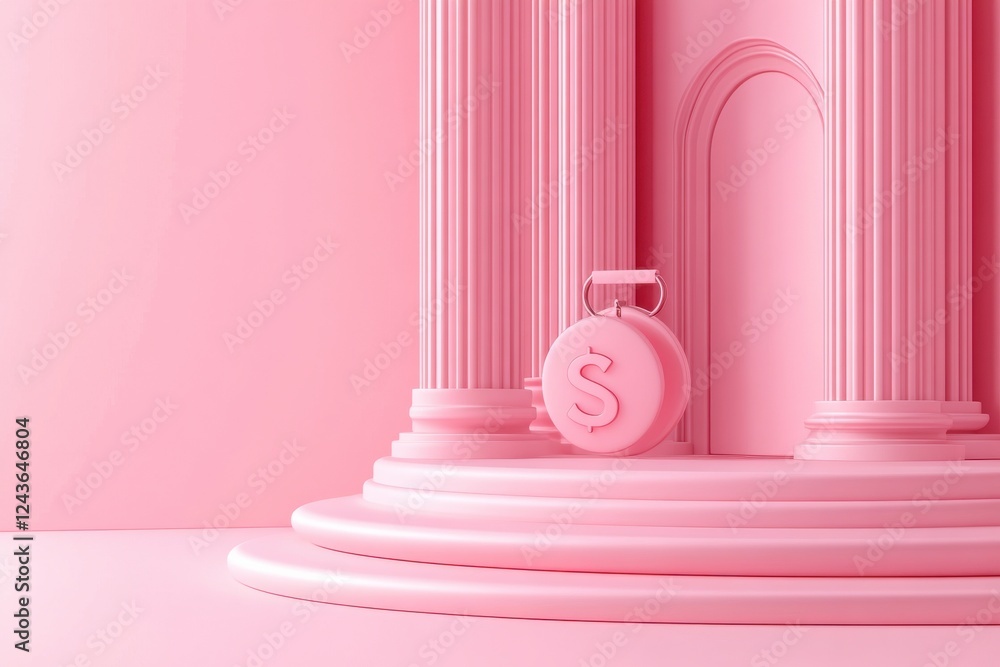 Poster a soft pink scene featuring elegant columns and a round, money-themed object, creating a whimsical a