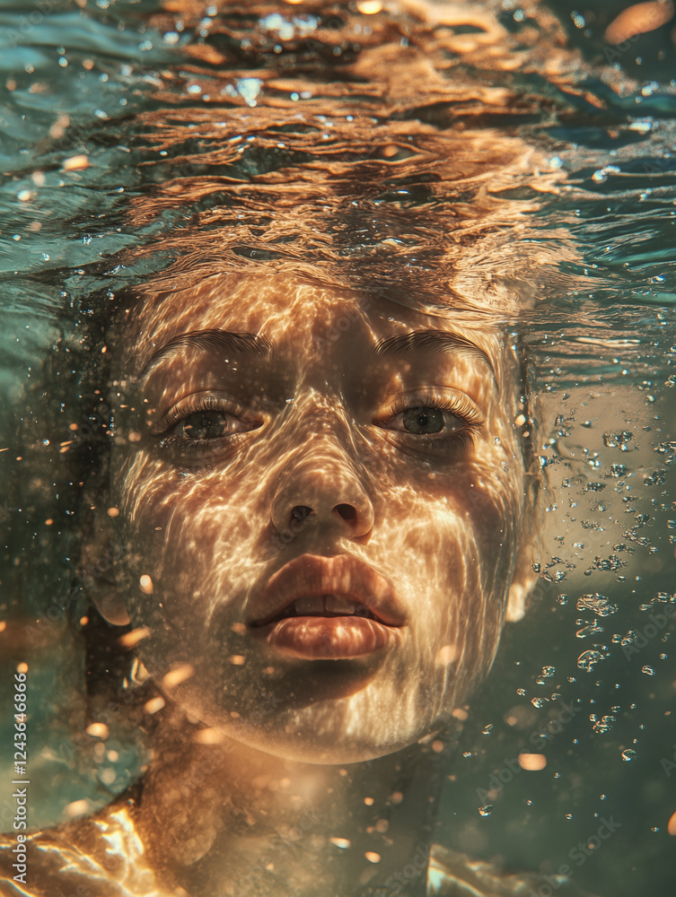Poster underwater perspective capturing light reflections on a persons face with bubbles floating in the wa