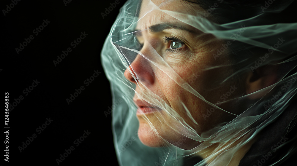 Poster womans face partially obscured by transparent layers creates a haunting yet captivating atmosphere i