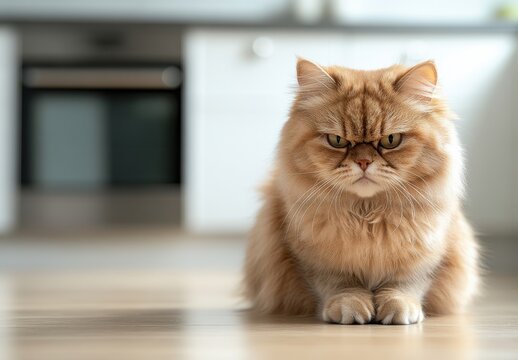 Grumpy Persian Cat Sitting on Wooden Floor in Modern Kitchen Environment with Soft Natural Light