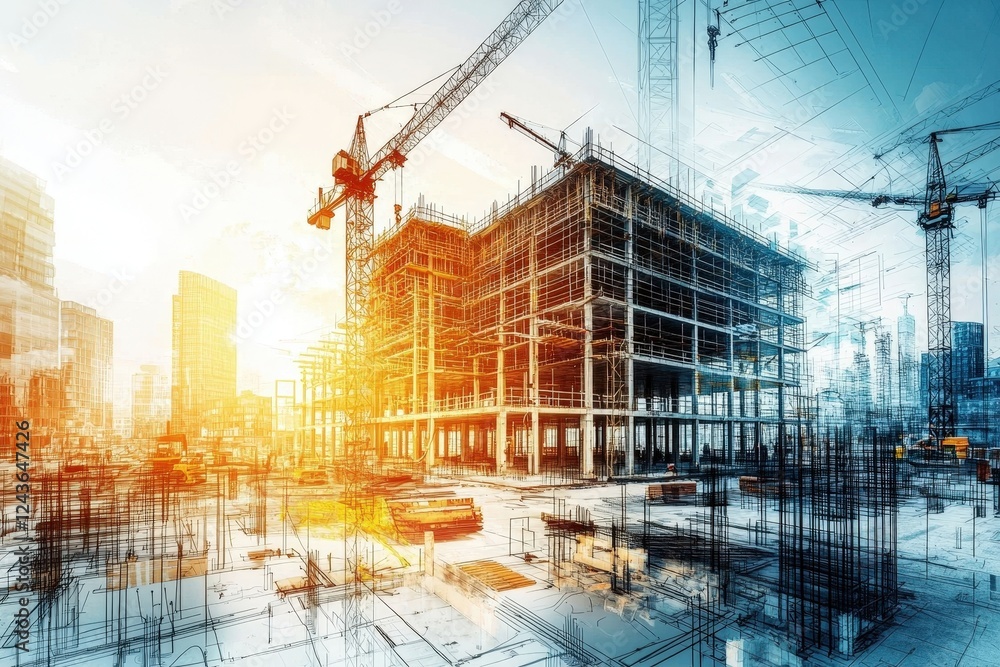 Poster visual representation showcasing blueprints and diagrams for a future construction project.