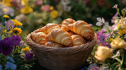 Golden Croissants in Wicker Basket Amidst a Vibrant Flower Meadow A Feast for the Senses Delicious Pastries