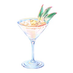Glass Of Pineapple Martini With Ice And Garnish, Single Cocktail, Refreshing Tropical Drink On A Hot Summer Day, Watercolor Illustration On A White Background