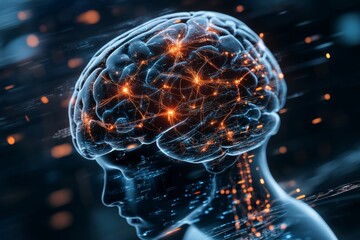 A vector illustration of a human brain with detailed neural pathways glowing in blue and red