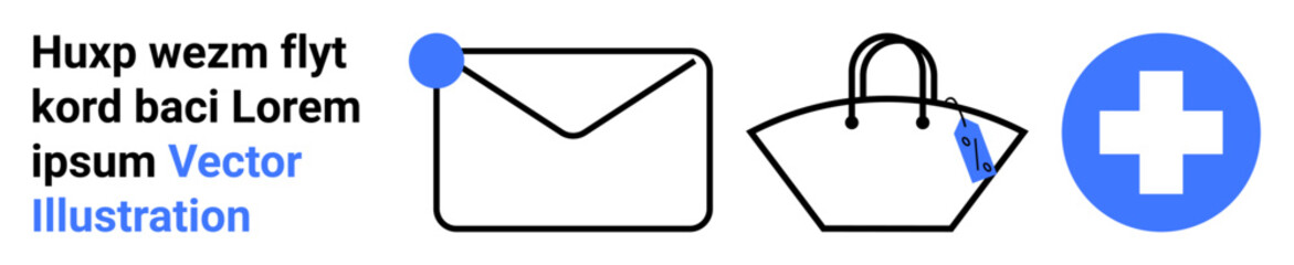 Envelope with notification dot, handbag with pen, and medical cross icon combine functionality and aesthetics. Ideal for communication, shopping, healthcare, branding, e-commerce, marketing