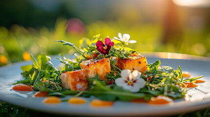 Gourmet Salmon Cubes on Arugula Salad with Flowers and Orange Drizzle Delightful Outdoor Meal