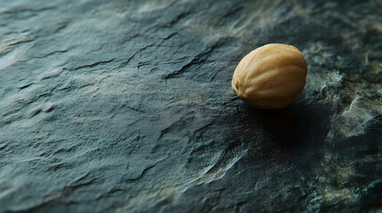A single macadamia nut placed on a dark gray textured surface, surrounded by soft lighting to highlight its details.