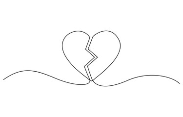 Broken Heart Continuous One Line Drawing. Heart is Broken One Line Minimal Art Drawing, Continuous line drawing. Broken heart. Black isolated on white background.