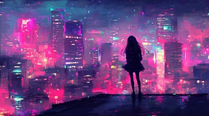 Silhouette of a person gazing at a vibrant pink and purple cityscape at night. Digital art with a painterly texture