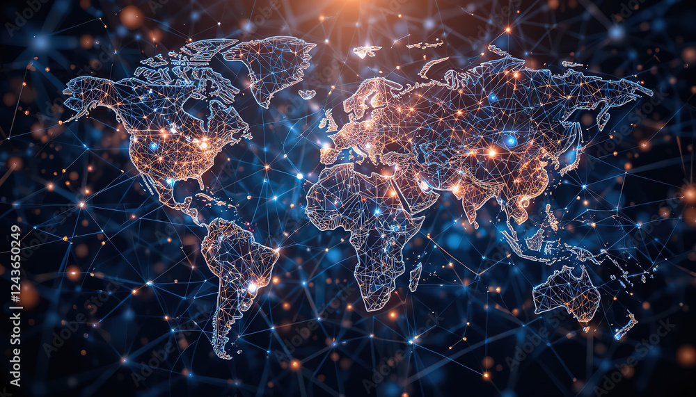 Poster stylized world map is surrounded a complex network lines and dots, representing global connectivity 