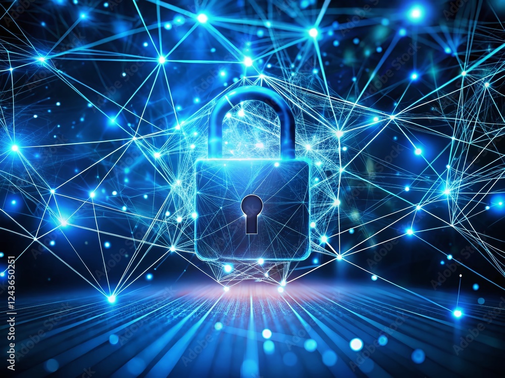 Aufkleber surreal network security: lock symbol connecting nodes on dark blue background
