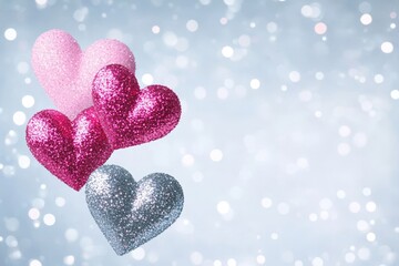 Fototapeta premium Sparkling Glitter Hearts Valentine's Day - Three glittering hearts in pink, fuchsia, and silver against a light blue bokeh background. Perfect for Valentine's Day cards, websites, and social media.