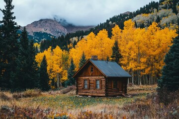 Mountain Cabin Autumn Landscape Golden Aspens