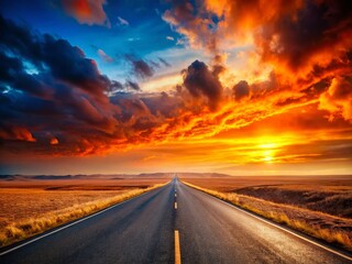 Surreal Orange & Blue Sky over Empty Asphalt Road - High-Resolution Stock Photo