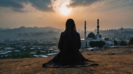 Silhouette of a devout man pray to the Allah on hill