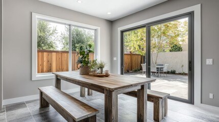 Fototapeta premium Farmhouse dining room with sliding glass doors opening to patio.